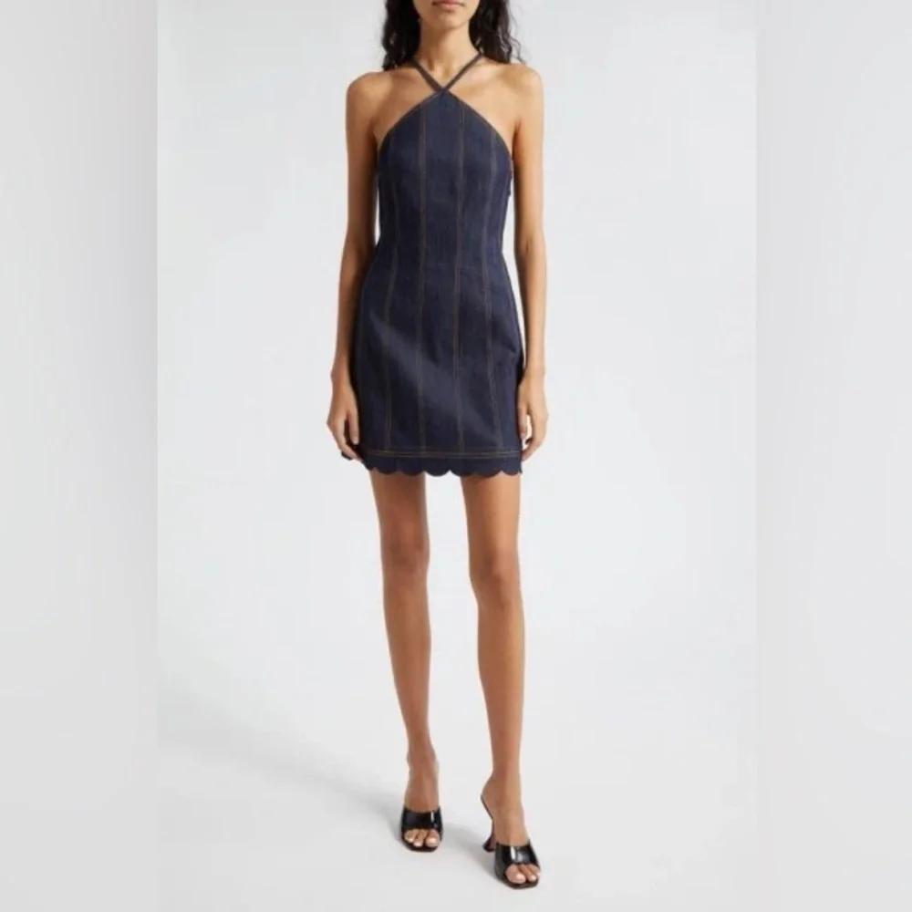 new Cinq a Sept Hadley halter denim scalloped hem mini dress in blau dark blue